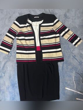 Striped Knit Jacket & Dress Set - Black, Cream & Pink